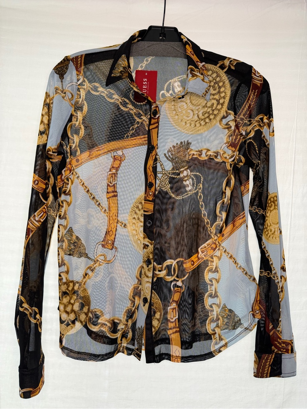 Guess Sheer Chain-Print Button-Up Shirt in Black and Gold